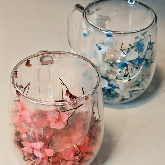 Pressed Flower Glass Mug Set Pink Blue – Aesthetic Floral Tea Cups Handmade Gift - Picture 10 of 12